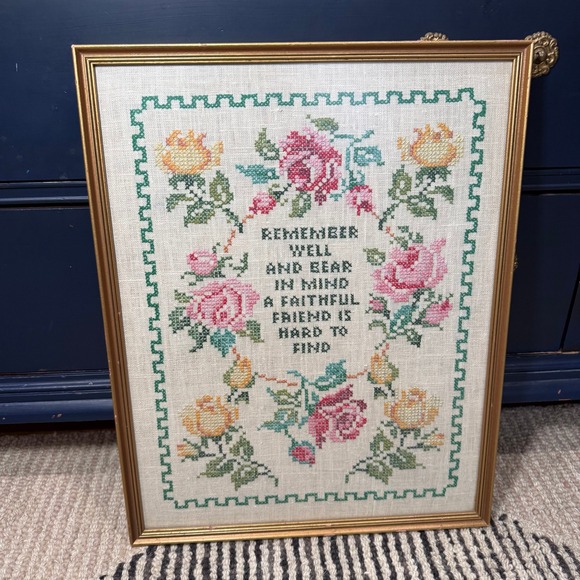 Handmade Other - Vintage Framed Cross Stitch Sampler Friendship Poem Floral Roses Gold Frame 1977